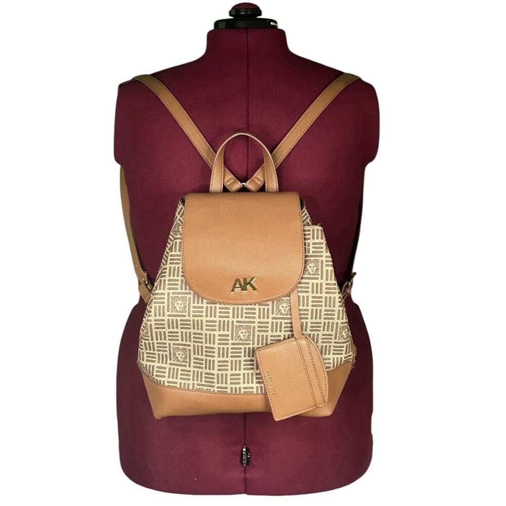 Anne Klein Logo Flap Backpack Purse Tan Faux Leather w/Card Holder New w/o Tags